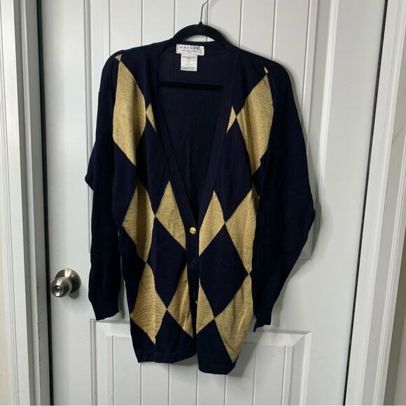 Vintage Jaeger Argyle metallic gold navy sweater cardigan size‎ small made in UK - Picture 2 of 6